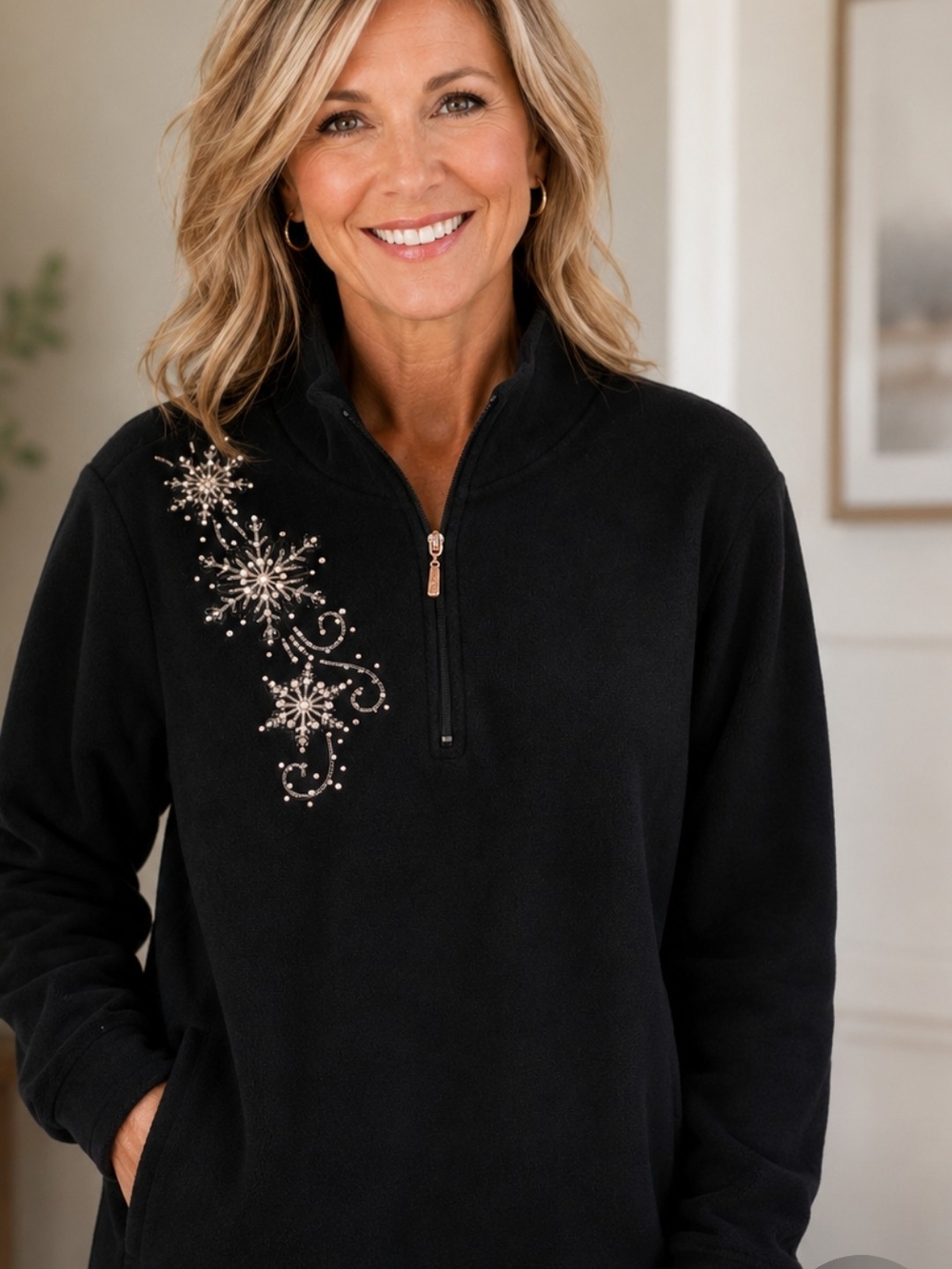 New 3X Quacker Factory Black Quarter-Zip Fleece Shirt with Sparkle Snowflake